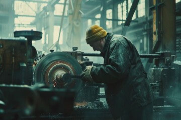 Wall Mural - Man working on a machine in a factory, suitable for industrial use