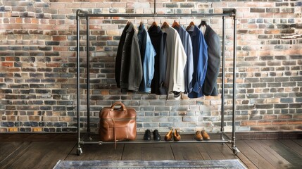 Wall Mural - Urban style showcase: A wardrobe rack adorned with trendy men's clothing against a rustic brick wall.