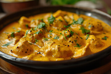 Wall Mural - A plate of korma, a mild curry dish made with yogurt, cream, and spices. It can be made with meat or vegetables