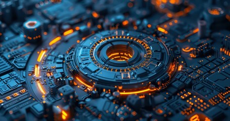 application development and chip concept, on blue surface of pixel, realistic rendering