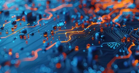 application development and chip concept, on blue surface of pixel, realistic rendering