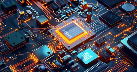 application development and chip concept, on blue surface of pixel, realistic rendering