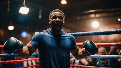 Boxing black man very happy and excited doing winner gesture with arms raised