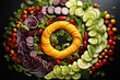 A circular arrangement of various vegetables and fruits. Suitable for food and nutrition concepts
