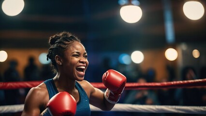 Boxing black woman very happy and excited doing winner gesture with arms raised