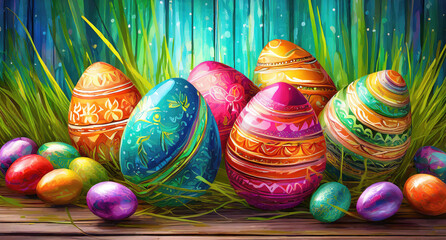 Wall Mural - Superb Easter eggs on wooden background