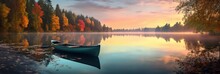 A Peaceful Sunset Scene On A Calm Lake With Reflections And A Rowing Boat