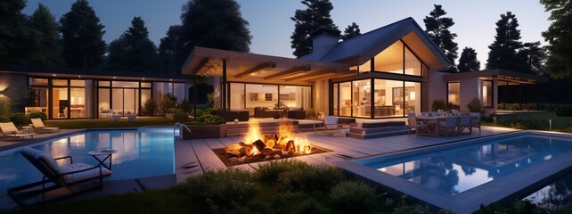 Wall Mural - modern residential building with fire place and swimming pool in garden in the evening