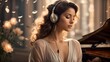 Junge Frau hört klassische Musik mit einem Kopfhörer in romantischer Atmosphäre