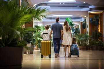 Back view of family walking with luggage in hotel lobby. Rear view of mother and father with kids looking at each other while going on vacation.