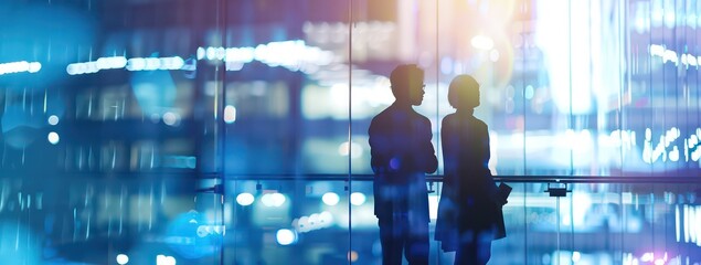 two business people working on computing and information architecture, layered textures and patterns, light indigo and white,