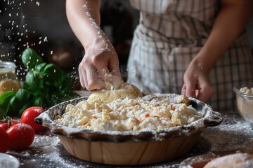 A woman sprinkling flour onto a pie crust, perfect for baking enthusiasts