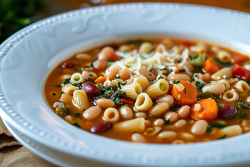 A plate of pasta e fagioli, a classic Italian soup made with pasta, beans, and vegetables