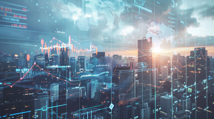 Poster - cityscape with modern skyscrapers and overlaid financial graphs, symbolizing the bustling economy and the stock market.