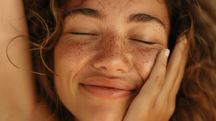 Wall Mural - young woman with closed eyes, a joyful expression, and hands gently placed on her cheeks.