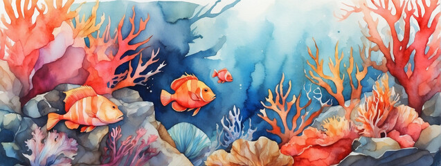 Watercolor abstract underwater scene with coral reefs and tropical fish.