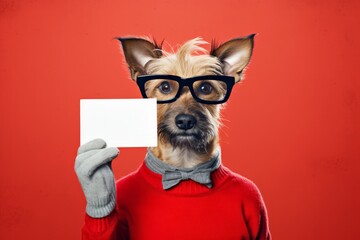 Wall Mural - Cute funny dog with glasses wears a bow tie and holds a blank business card and sign in his paws with copy space for text