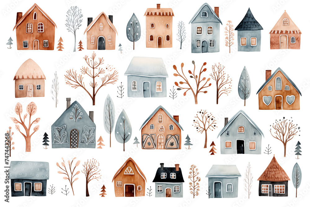 Set of different watercolor colorful houses isolated on white ...