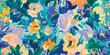 © Eli Berr - Colorful flowers on abstract brushstrokes background. Acrylic flowers, leaves, paint smears seamless pattern. Hand painted illustration for modern fabric, textile, backdrop etc design