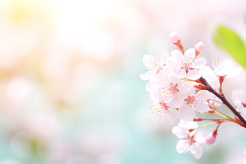Wall Mural - Soft focus of cherry blossoms against light blue bokeh background