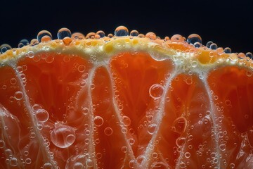 Fresh slice of orange with bubbles, perfect for food and drink concepts