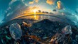 A panoramic fisheye lens view of an ocean sunset filled with pollution and garbage raising awareness about the environmental impact on marine life