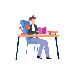 Wall Mural - Man and woman studying on books with laptop computers learning and educating themselves. Flat design vector illustration