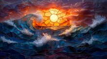 Background, Stained Glass Style, Sea Waves And Sunshine