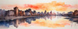 Watercolor cityscape at sunset with a skyline silhouette and reflections on a river