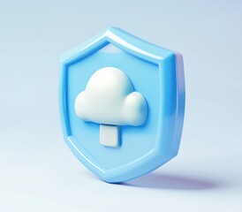 shield 3d object on white background with cloud in it,a 3d rendered blue rounded square button, playful and colorful and bubbly pixelated