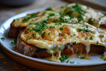 A plate of Welsh rarebit, a dish made from a savory sauce of melted cheese and other ingredients, served hot over toast