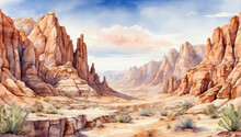 Watercolor Desert Canyon Landscape With Towering Rock Formations And A Clear Sky