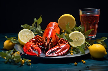 Wall Mural - lobster on plate with lemon slices, ai generative