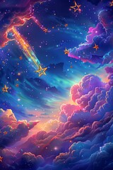 Wall Mural - Stars flying through clouds and clouds, in the style of colorful fantasy realism, vibrant futurism, fairy academia, colorful cartoon, photorealistic pastiche, sparklecore, fantasy fairytale painting.
