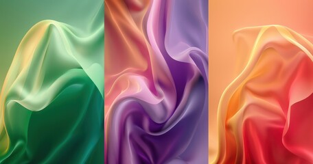 three colored wave shapes on a green and purple background, in the style of bright colors