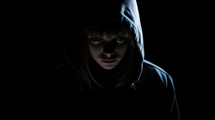 Wall Mural - A woman wearing a hoodie in a dark setting, suitable for various concepts and designs