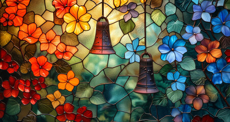 Wall Mural - Stained glass window background with colorful Bell abstract.