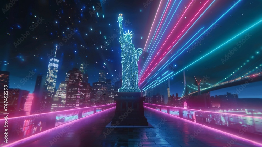 Futuristic Neon Glow Statue of Liberty and Skyline, Symbolizing New York's Vibrant Nightlife and Technological Progress