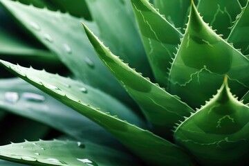 Canvas Print - Detailed view of a green plant with water droplets, perfect for nature backgrounds