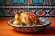 Rustic ambiance close-up photography of an hearty roast chicken in a clay dish against a colorful tile background. AI Generation