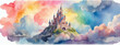 Watercolor magical castle in the clouds with a rainbow-colored sky.