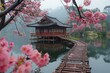 Japanese gardens blend serene elements: cherry blossoms, tea ceremonies, kimonos by Mount Fuji, bamboo forest strolls.