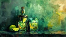 Two Glasses Of Gin Tonic With Lime Wedges, A Black Whiskey Bottle, And A Vivid Green Background Make Up This Artistic Creation.