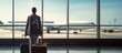 Back view of young businessman with luggage looking at airplane in airport terminal. Travel and business concept. Travel and tourism concept with copy space.  