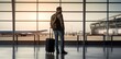 Young man with suitcase at airport terminal. Travel and business concept. Travel and tourism concept with copy space. Travel concept with copy space. 
