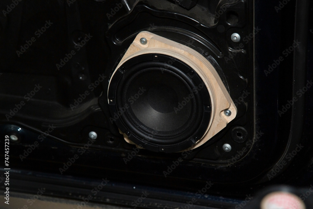 Installing a car speaker system in the door.The installation center. Detaling car center.