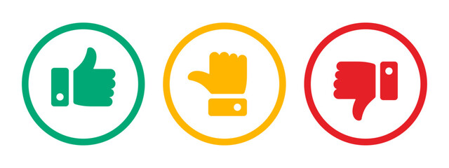 Like, dislike and neutral thumb icon symbol set in outline circle with green, yellow and red color on white background. Rating thumb icon set - Vector Icon.