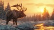 A majestic moose standing in the snow next to a peaceful river. Ideal for nature and wildlife themes