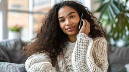 Sticker - woman with long curly hair wearing a chunky knit sweater, holding a phone to her ear with a soft smile