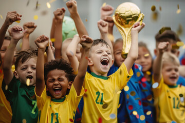 Wall Mural - Happy kids celebrating winning the soccer football tournament. Multiethnic group of happy children raising hands in joy during football ceremony. Boys in soccer jersey shirts have fun in victory